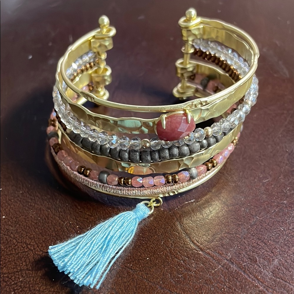 Whimsical & Fun Gold & Mixed Bead Multi Stack Cuff Bracelet with Tassel